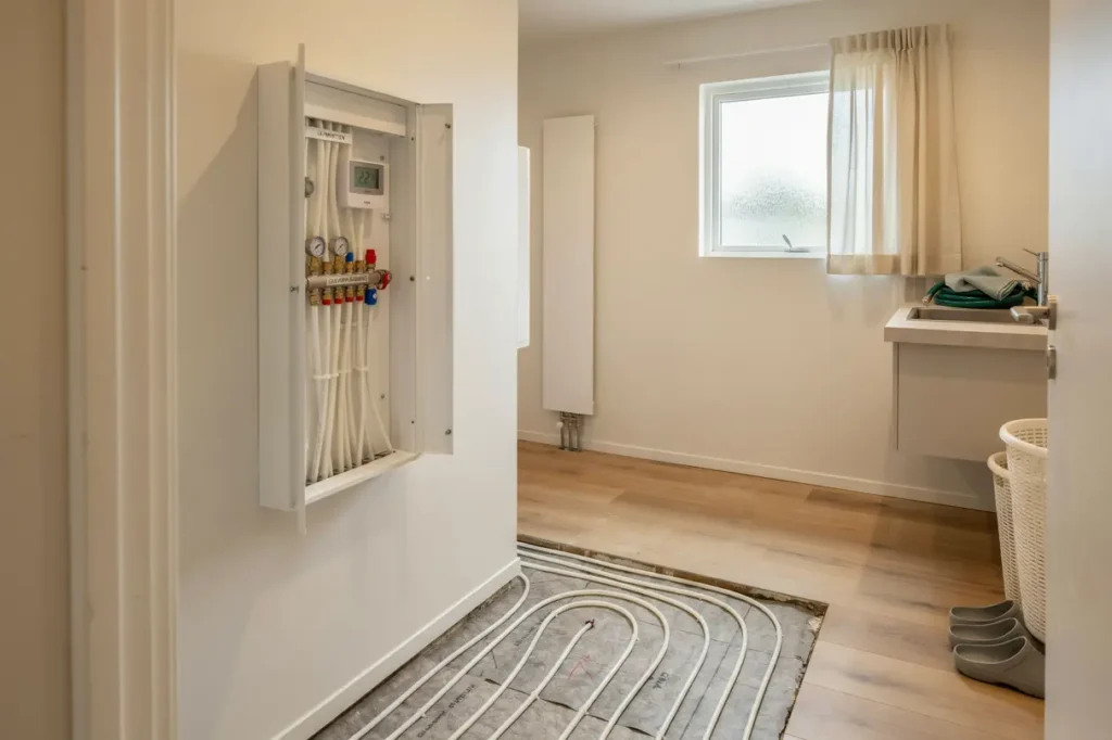 installation av golvv rme och f rdelarsk p i villa i jersj